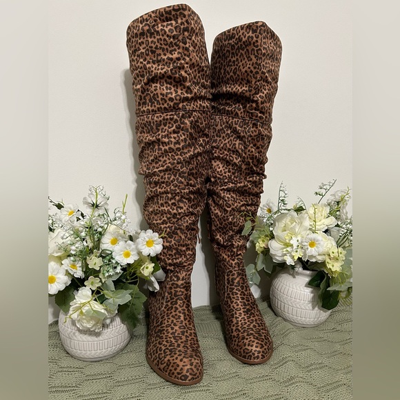 Journee Collection Shoes - Journee Collection Leopard Print Over-the-Knee Boots - Brown